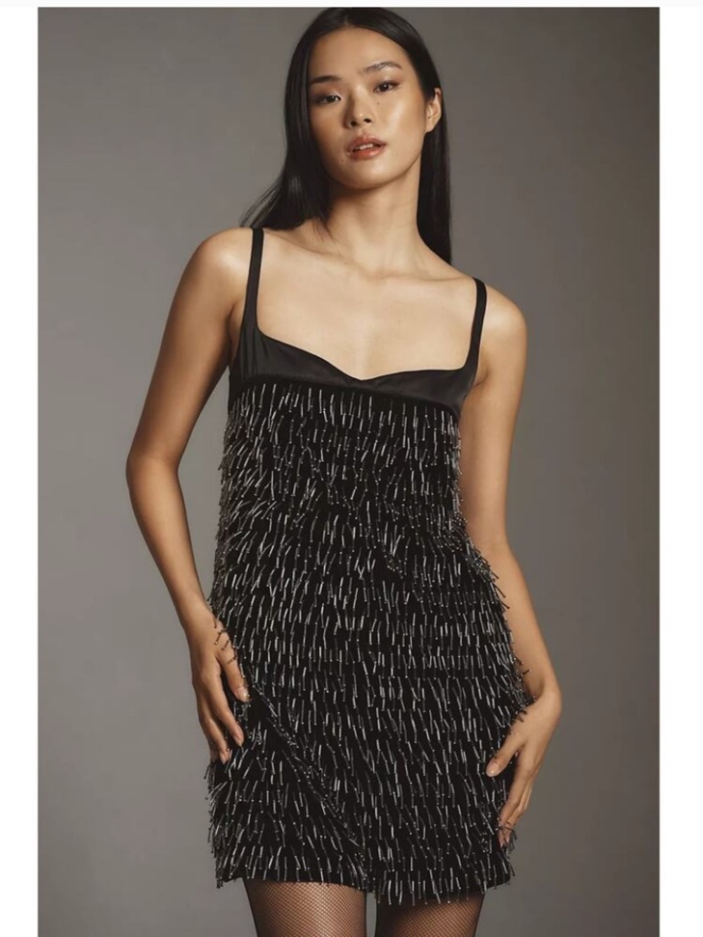 Anthropologie bead fringe sweet heart neckline mini dress NWT xs